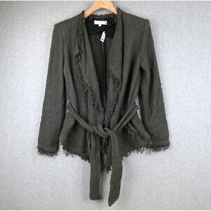 IRO Belted Fringe Jacket Womens EU 36 US 4 Olive Green Open Front Cardigan BOHO